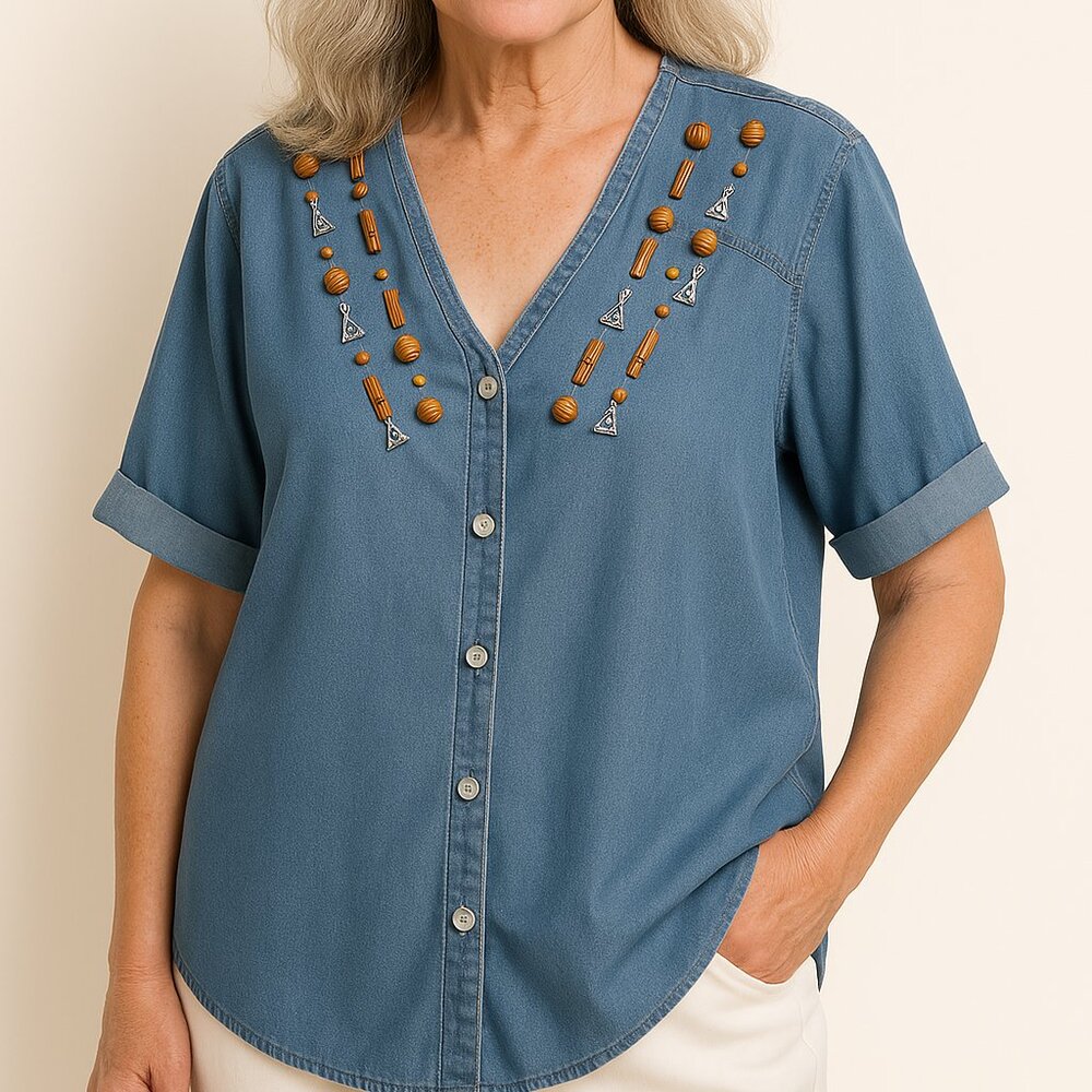 Bingo! Bingo! Embellished Denim Blouse Medium Wash Button Up V Neck 12 Vintage